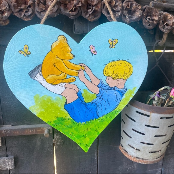 Winnie The Pooh and Christopher Robin Playing Hand Painted Acrylic on Wood - Picture 3 of 9